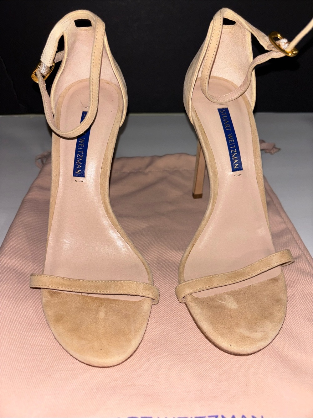 Stuart Weitzman Beige Suede Single-Strap Ankle-Heel Sandals